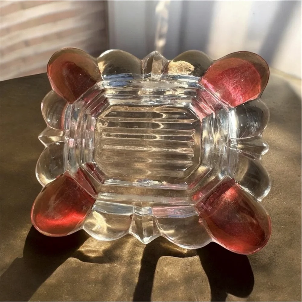 Vintage Ruby Stained Clear Glass Trinket Dish Ashtray